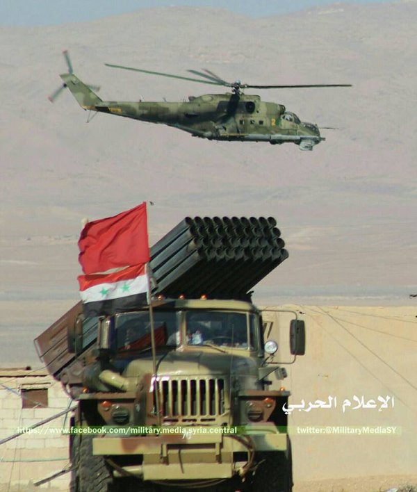 #SAA Grad launcher and #RuAF Mi-24 in east #Homs 