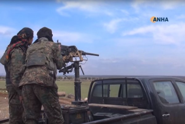 #PT Female Kurdish fighter driving T-72 MBT w/ slate armor, US provided M2 used against rebels, RuAF air support. 