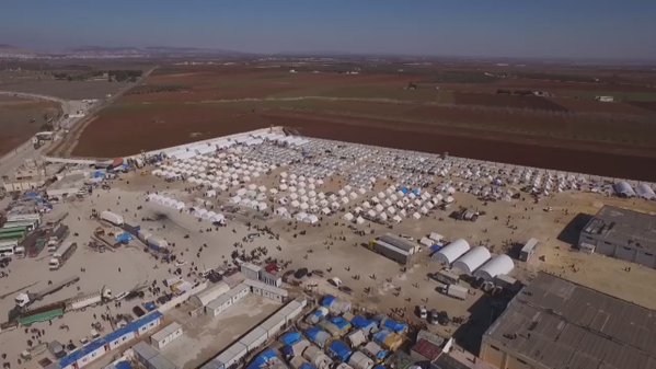 An aerial view of the Bab al-Salam camp near the Syrian-Turkish border, hosting tens of thousands of Syrians.