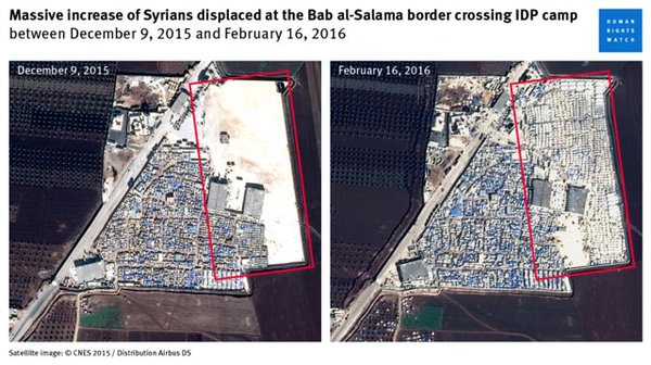 HRW: satellite pics show massive increase of displaced Syrians at camp at Bab alsalameh border crossing