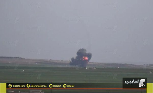 Burning Su-22 at Al-Eis. Pilot ejected and captured by Al-Nusra