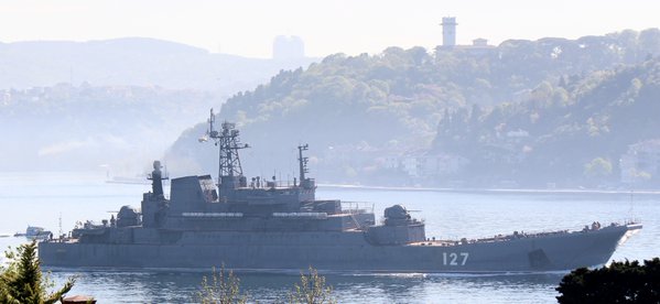 Fully loaded Russian Navy ropucha class LST BF Minsk transits southbound Bosphorus en route to Tartus Syria 