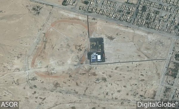 Aerial photos for the Russia|n army camp. Inside the archaeological area in the city of Palmyra