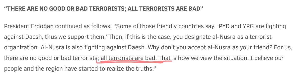 Erdogan says he cannot understand why Western nations call Nusra a terrorist group as it fights against ISIS, 'just like the PYD.'  