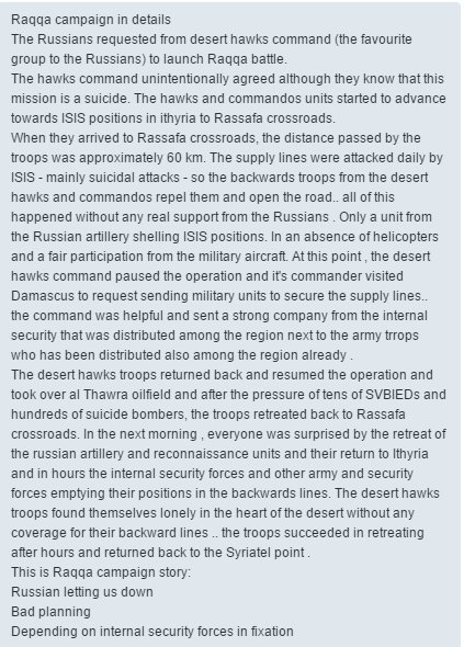 A Syrian Arab Army Soldier explains to pro-SAA Tweeter Ivan Sidrenko (who recently reactivated his Twitter account) why the Raqqa campaign in detail had failed.