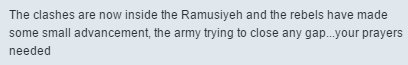 SAA soldier Says Clashes inside Ramouseh district and rebels made small advancement  