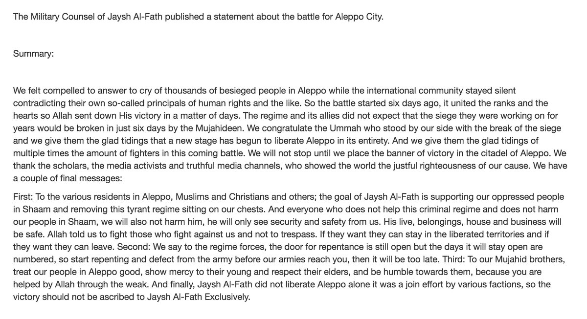 English translation of the Army of Conquest's (Jaysh al-Fateh's) announcement on plans to take control of the whole of Aleppo City.