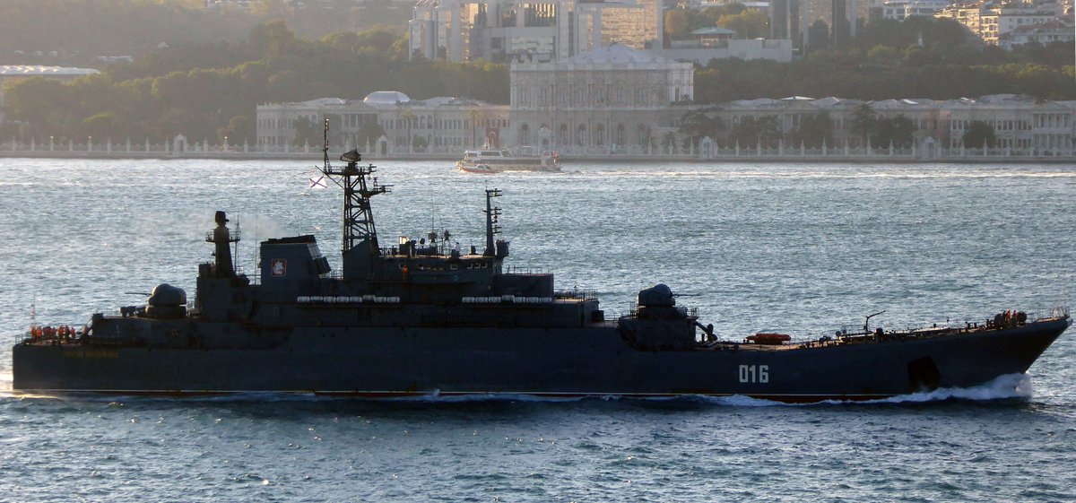 Russian Navy Ropucha Class landing ships G.Pobedonosets 016  and  Azov 151 northbound on the Bosphorus today @ 19.00 local  