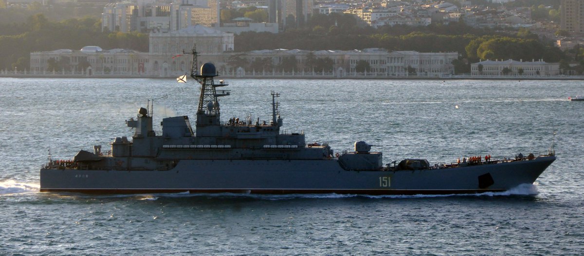 Russian Navy Ropucha Class landing ships G.Pobedonosets 016  and  Azov 151 northbound on the Bosphorus today @ 19.00 local  