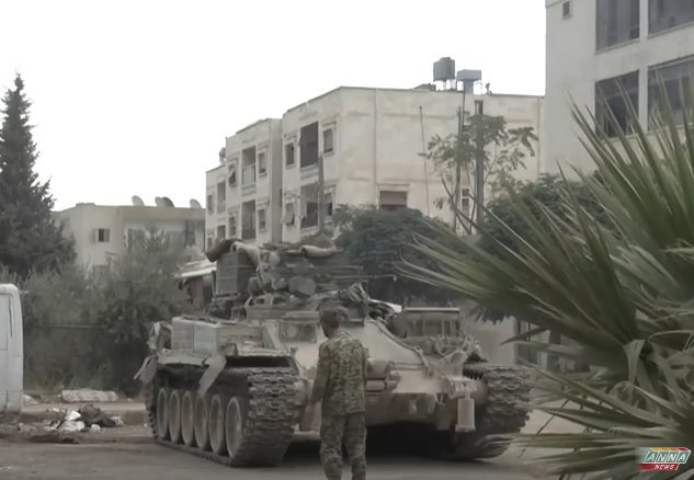 Liwa al-Quds armor near Ramouseh artillery base. T-55s, BREM-1 ARV, BMP-2.  