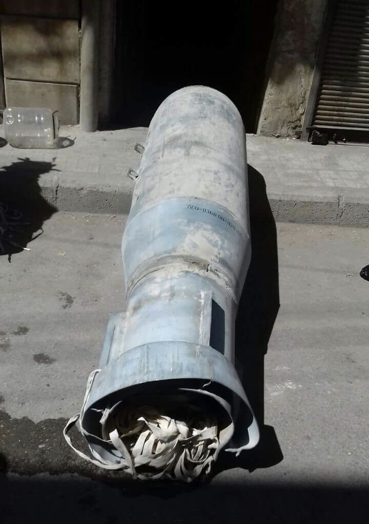 A parachute retarded ODAB-500 thermobaric bomb used by Russian/Assad jets on Maysar in Aleppo today  