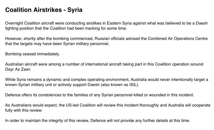 Australian aircraft took part in bombing Syrian Army positions in DeirEzzor  