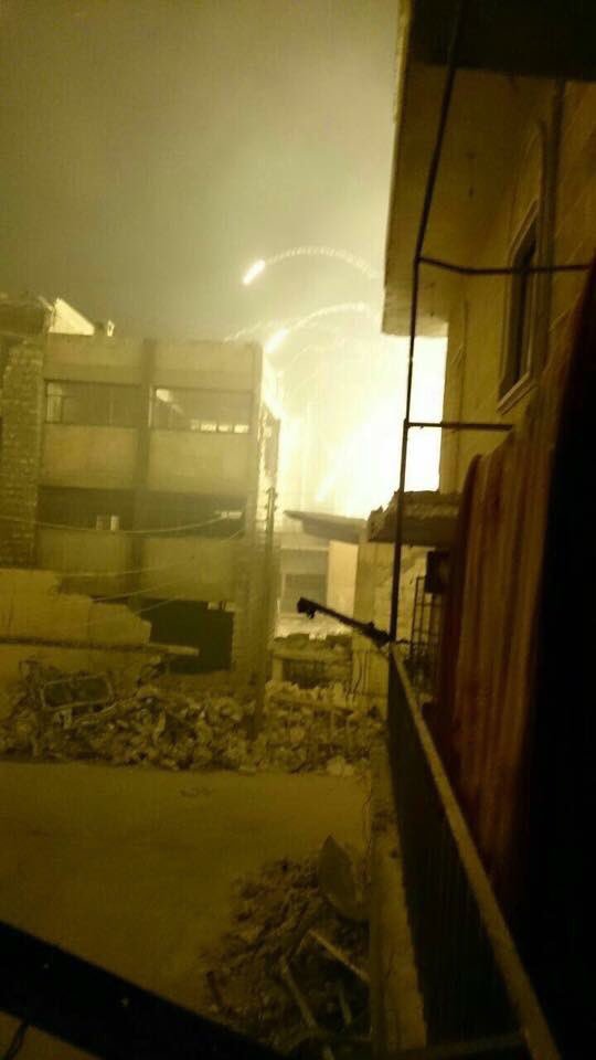 Images from Aleppo tonight show what is alleged to be Russian warplane strikes using incendiary munitions (likely thermite) striking besieged Eastern districts of the City, Aleppo.  