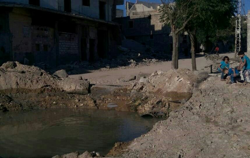 Crater created by a Russian airstrike in the al-Bab neighborhood of Aleppo 