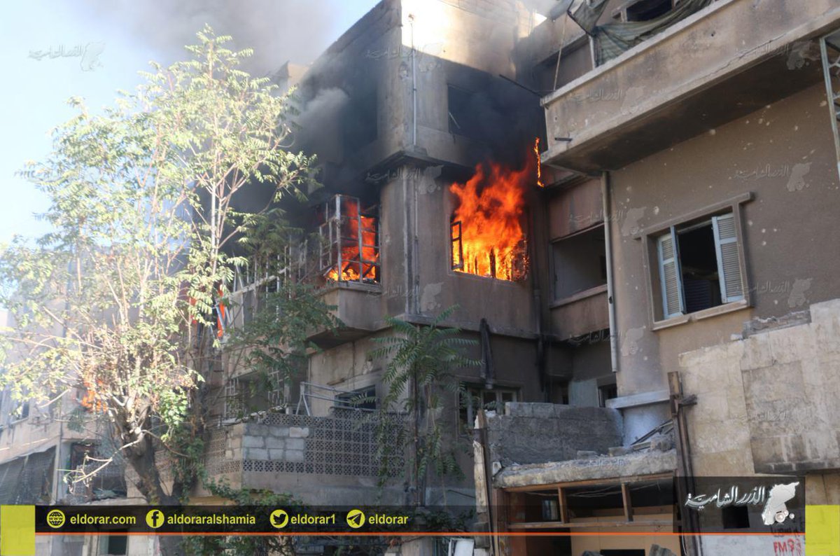 Conflagrations in residential buildings the neighborhoods of al-Mash'had Aleppo,after targeted with incendiary bombs  