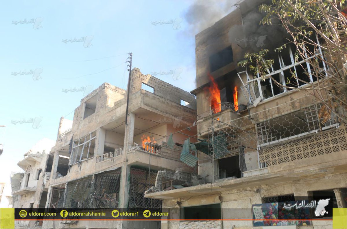 Conflagrations in residential buildings the neighborhoods of al-Mash'had Aleppo,after targeted with incendiary bombs  
