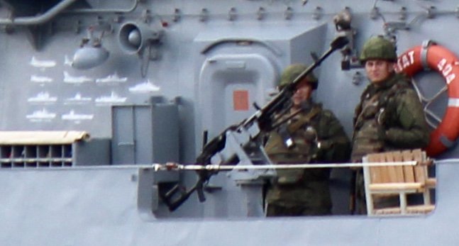 NATO ships and planes' recognition silhouettes on the bridge of Rus Navy Admiral Grigorovich 494 during its BlackSea-bound Bosphorus transit  