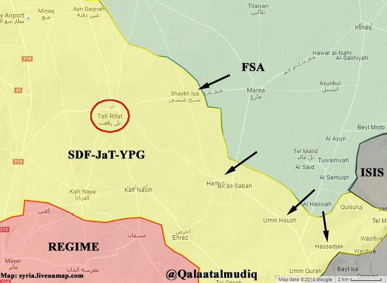 FSA backed by TSK artillery started battle vs SDF/YPG for Tell Rifaat. 1st advances in Harbul & Um Housh