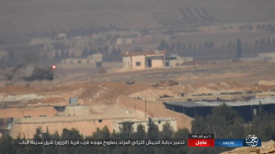 ISIS destroy Turkish tank with ATGM near al-Zarzour village east Al-Bab, Syria  