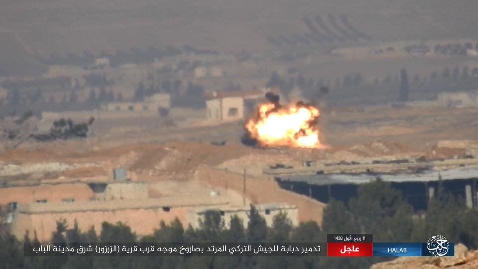 ISIS destroy Turkish tank with ATGM near al-Zarzour village east Al-Bab, Syria  