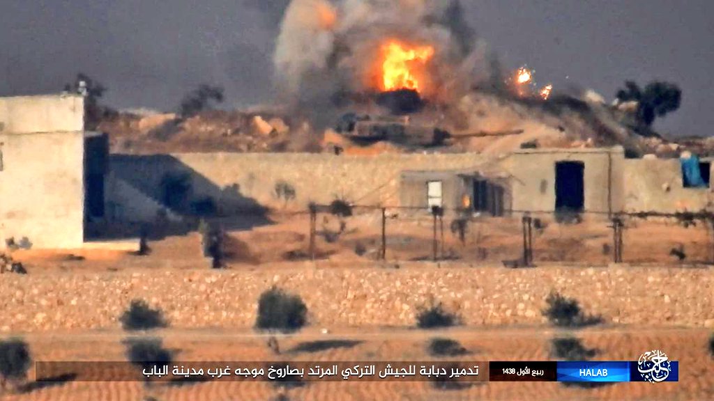 #ISIS ATGM hit on #Turkey Land Forces Leopard 2A4 near Al Bab #Aleppo #Syria