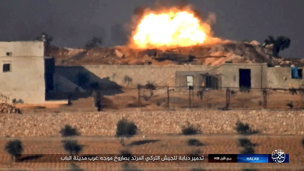 #ISIS ATGM hit on #Turkey Land Forces Leopard 2A4 near Al Bab #Aleppo #Syria