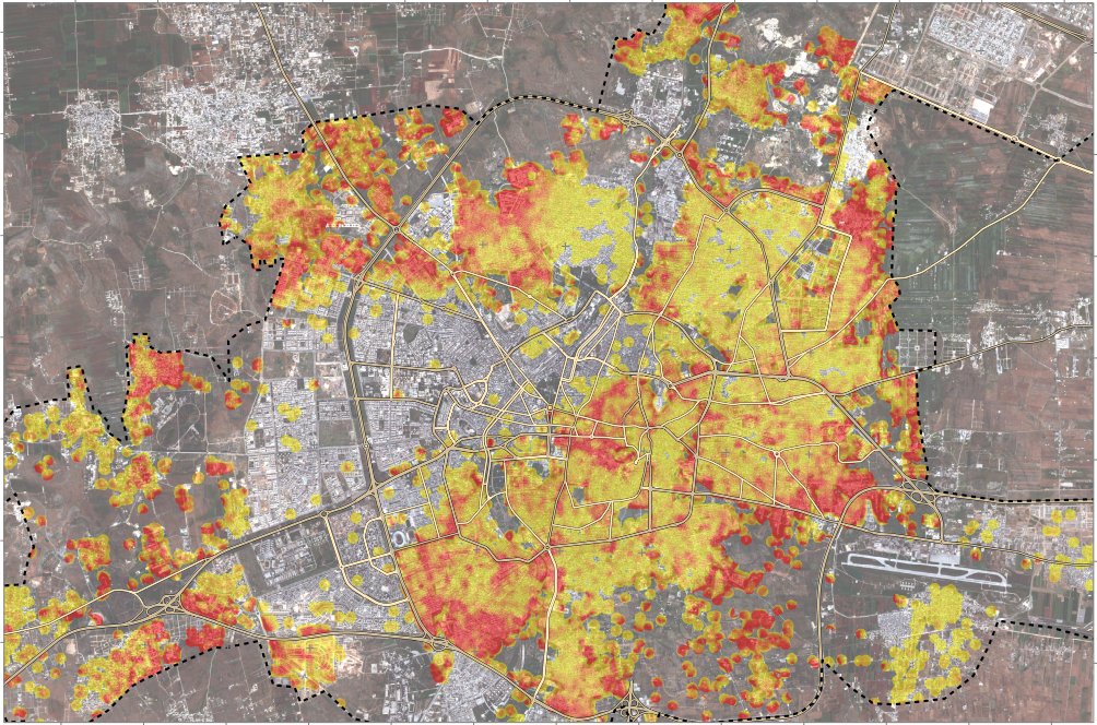 UN map using satellite imagery to show the damage to Aleppo. Red = 100% destroyed. ID'd 33,521 damaged structures.  