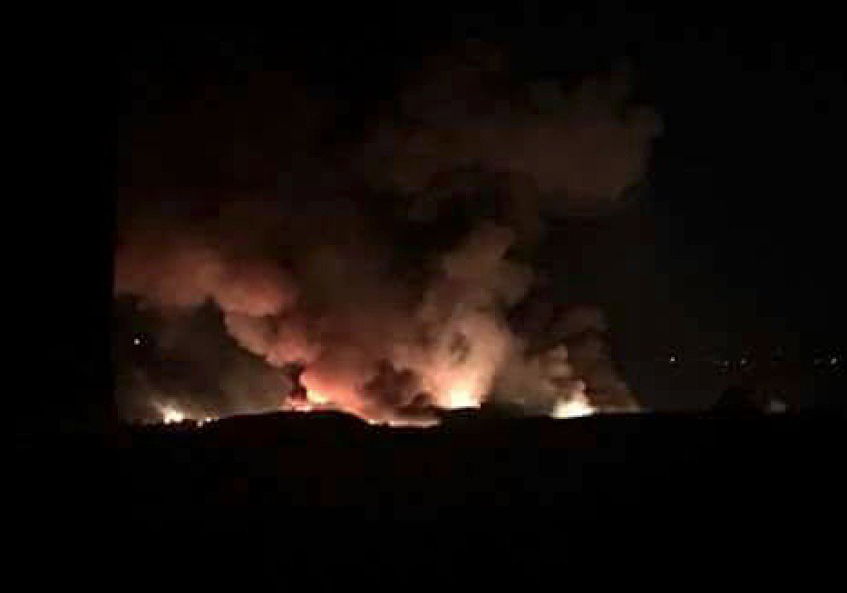 Some opposition activists and pro-Syrian government media (al-Masdar) are reporting ongoing Israeli airstrikes now in Mezzah Military Airport in rural Damascus, causing a massive explosion that could be heard from Syria's capital city, Damascus. The explosion is said to be from a Syrian Army ammunition depot being hit and destroyed, Damascus, Syria.