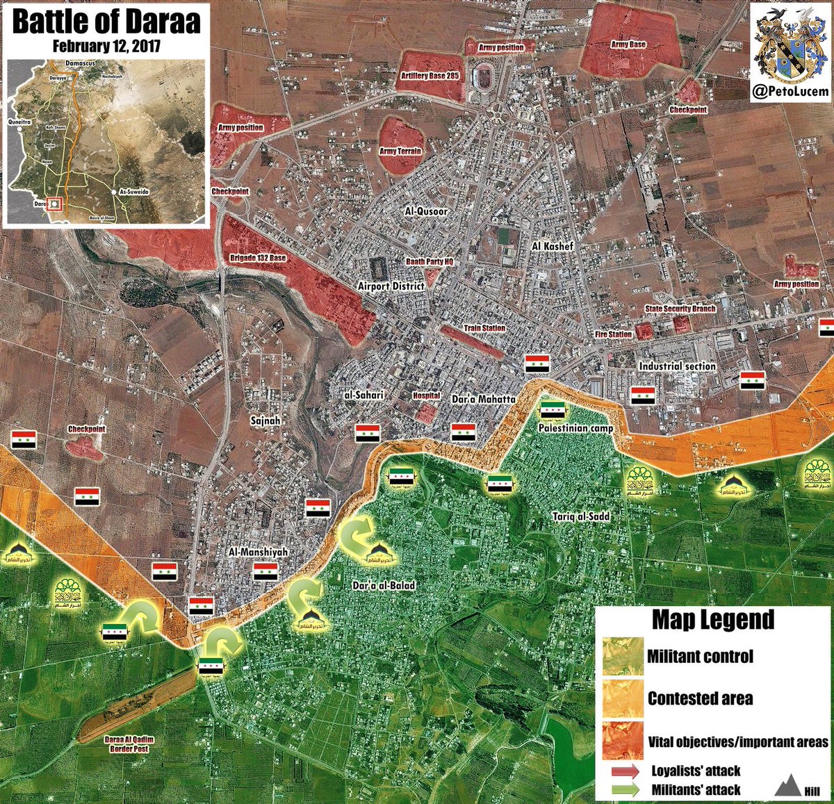 The Syrian Arab Army repelled a large scale attack by rebels led by Tahrir al-Sham on al-Manshiyah, Daraa, no map change.
