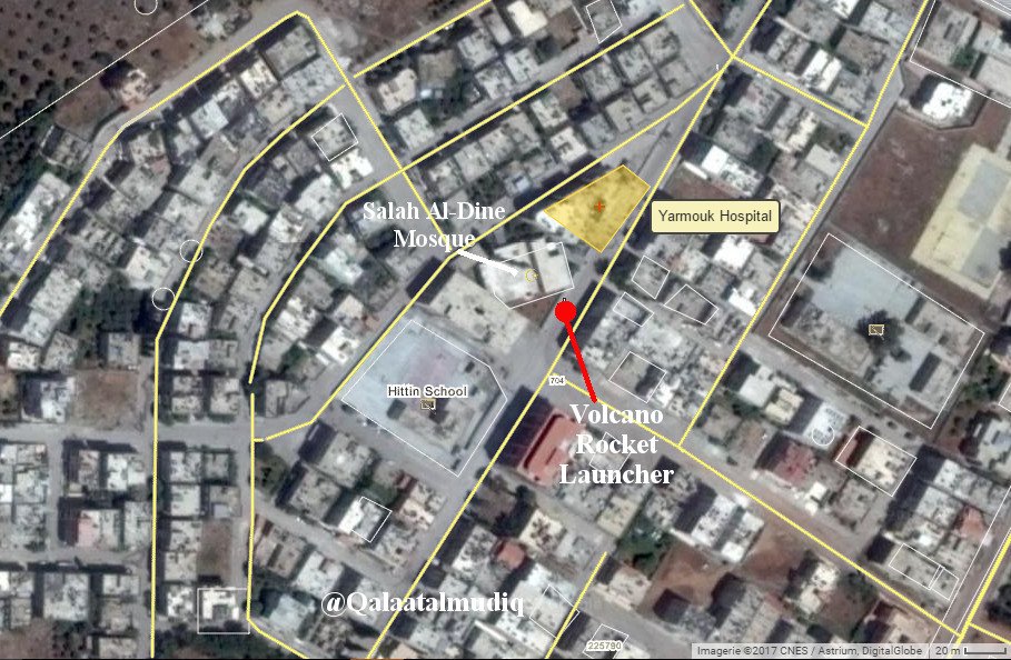Syrian Government forces had fired Volcano rockets targeting Syrian rebel positions from Daraa civilian areas geolocated in al-Sahari District. The location is 5m from a mosque, 40m from a hospital and 60m from a school, Daraa, Syria.