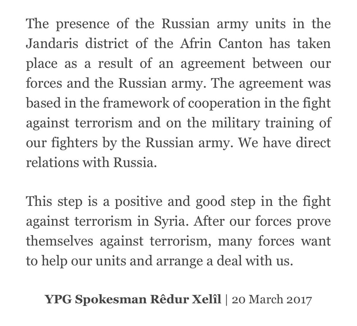 YPG Spokesman @RedurXelil's statement on agreement made with Russia in relation to Jandaris, Afrin 