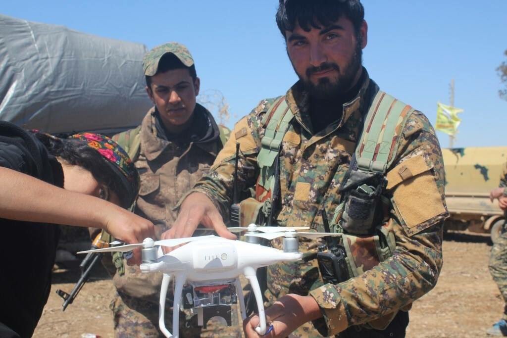SDF fighters shot down an ISIS drone that was being used to drop bombs on their positions, near the Tabqa Airbase  