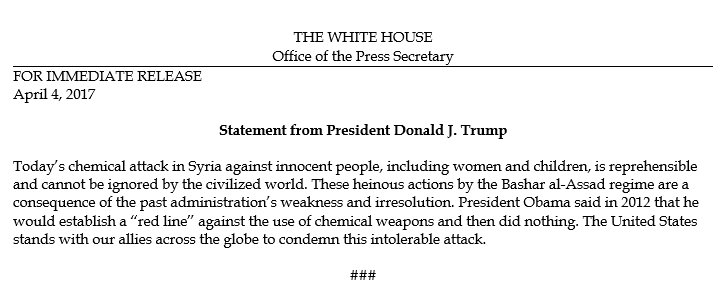 Official White House statement on the chemical attack in Syria.