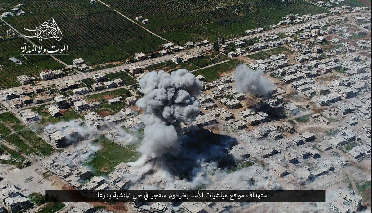 Даръа: Боевики Аль-Буньян аль-Марсуса используют новый вид оружия (взрывающиеся трубы), атакуя правительственные укрепления в Аль-Маншии