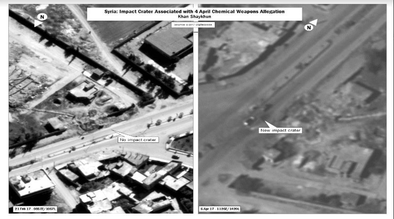 Pentagon's location of impact crater linked to the Khan Sheykhoun chemical attack is the same as the one geolocated by @Bellingcat.  