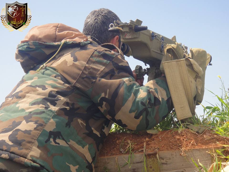 Pro-Government militia Qalamoun Shield near Tayyibat al-Imam frontline yesterday, northern Hama, Syria. 