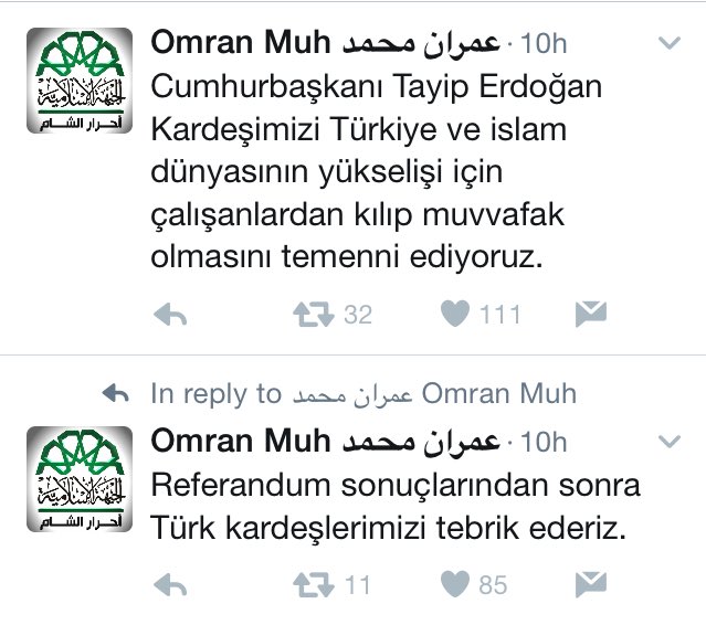 Syrian rebels Jaysh al-Islam and Ahrar al-Sham were among the first to congratulate Erdogan in winning the yes (EVET) vote in the Turkish-constitutional referendum yesterday (April 16th).