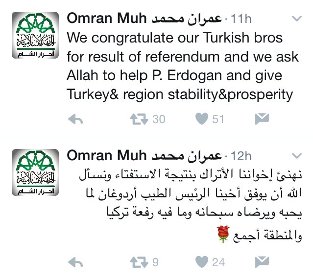 Syrian rebels Jaysh al-Islam and Ahrar al-Sham were among the first to congratulate Erdogan in winning the yes (EVET) vote in the Turkish-constitutional referendum yesterday (April 16th).