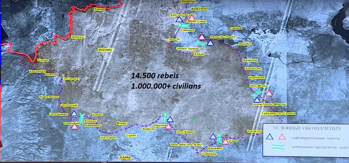 Numbers of rebels according to the Russian Minister of Defense. Total: 41.500 - 14.500 in Idlib, Hama, Aleppo and Latakia - 3000 in Rastan pocket (northern Homs) - 9000 in east-Ghouta - 15.000 in South Front  