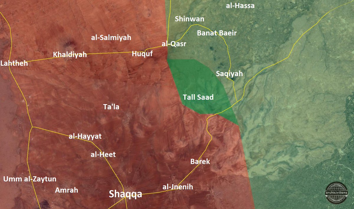 FSA (Opposition) captured Tall Saad area in NE-Suwayda province in south Syria during clashes vs government and NDF in prev days.  
