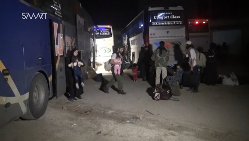 Footage: The first group of people from Barza neighbourhood in Damascus arrive in Hama governorate earlier today, Syria.