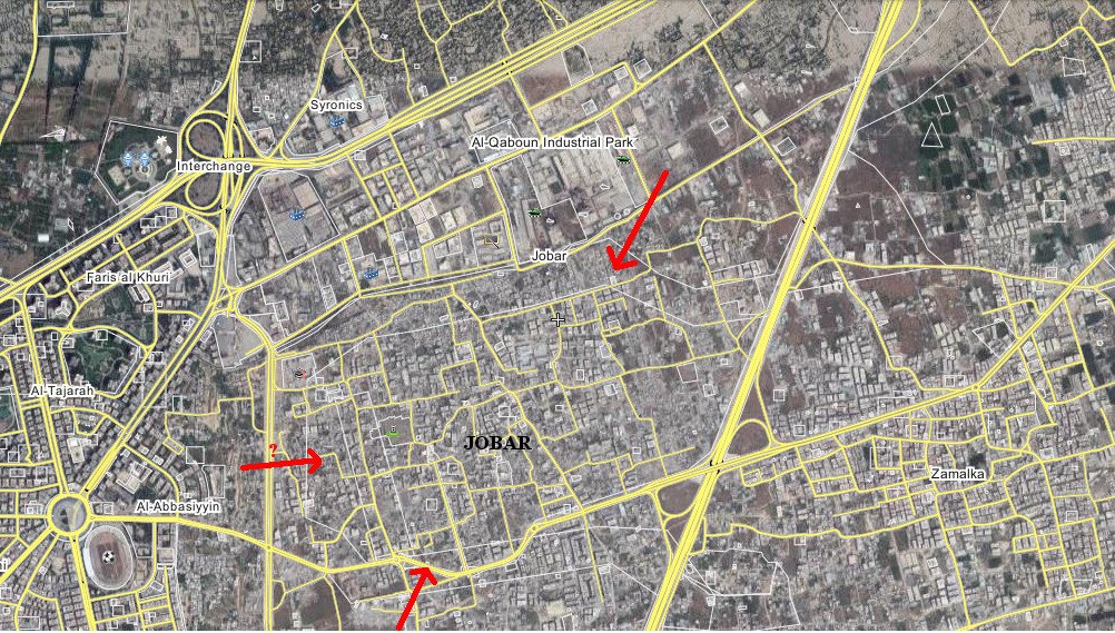 Jobar (summary): The government launched a big attack on 3 axes with around 15 airstrikes today. The rebels destroyed a bulldozer and a T-72 while damaging several armours; eventually, pro-Government forces were forced back to their starting point.