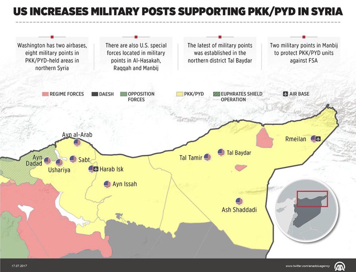 Turkish wire Anadolu published  map showing US bases in Syria. The US-led coalition in response slammed the story as irresponsible  