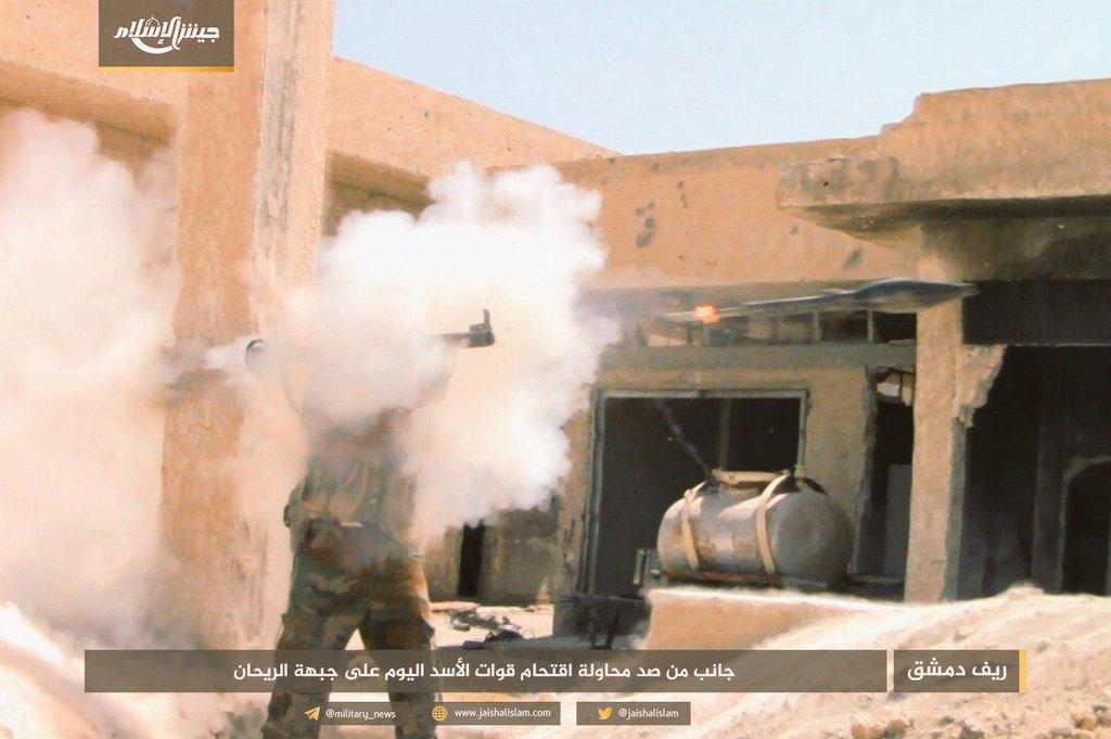 Damascus: Jaysh al-Islam claims to have killed 35 pro-government forces today on the Reyhan front and damaged two tanks and a BMP, eastern Ghouta, Syria.  