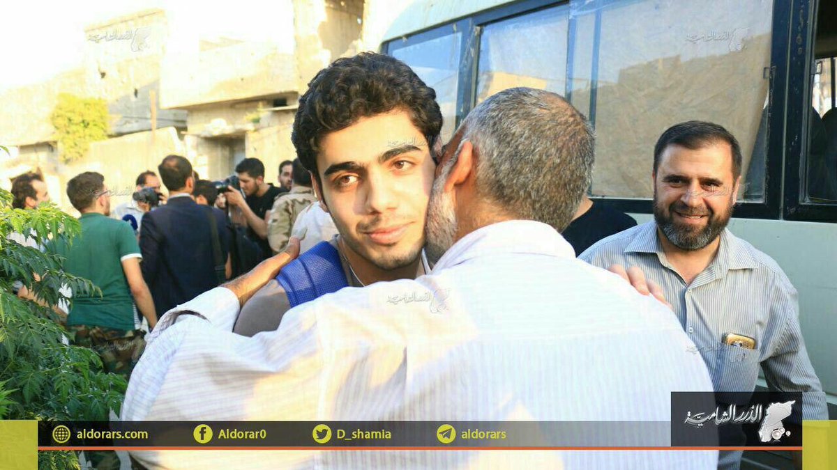 Prisoner exchange today in East Ghouta. 14 children, 10 women, and 12 men recovered by Jaish al-Islam in exchange for 11 government soldiers.  