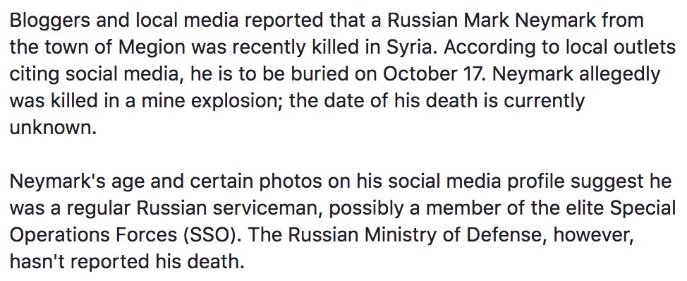 Russian Mark Neymark from the town of Megion was recently killed in Syria. CITeam believes he could be a SOF operative.    