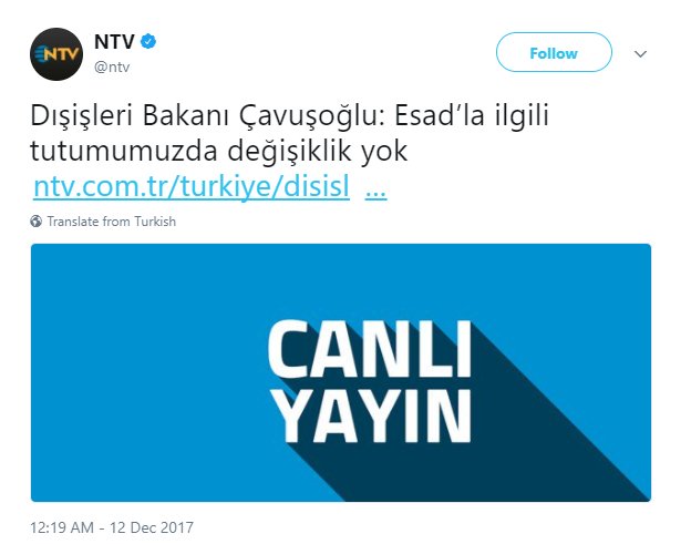 По данным портала «Спутник»: министр иностранных дел Турции заявил, что правительство Сирии больше не представляет собой угрозу для Турции. Реальность: он ничего такого не говорил. Он сказал, что позиция Турции в отношении Асада не изменилась, Турция не считает, что переходный период возможен с Асадом у власти
