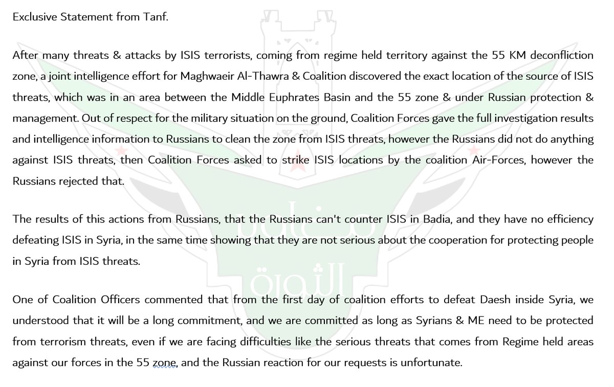 Al Tanf: The @CJTFOIR asked to strike ISIS locations by the coalition Air-Forces, but the Russians rejected that