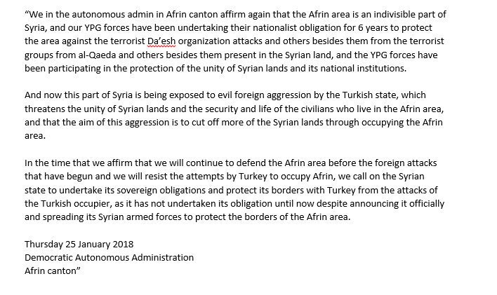 New statement by Kurdish officials in Afrin urging Syrian government to interfere   