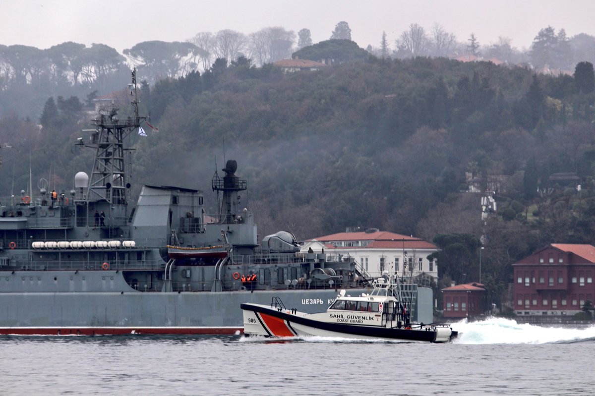 Turkish Coast Guard @Damen SAR1906 type vessel TCSG906 kept a close eye on Russian Navy Project 775II BSF Ropucha class LSTM Tsezar Kunikov during its BlackSea-bound Bosphorus transit   